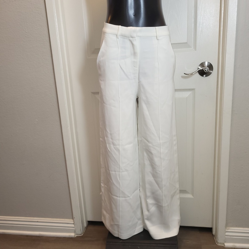 Karen Millen Petite Premium Woven Viscose Crepe Wide Leg Trouser Ivory Size 8 US